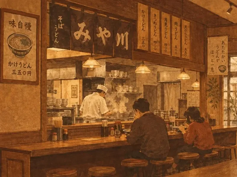 复古插画风格的网红面馆场景